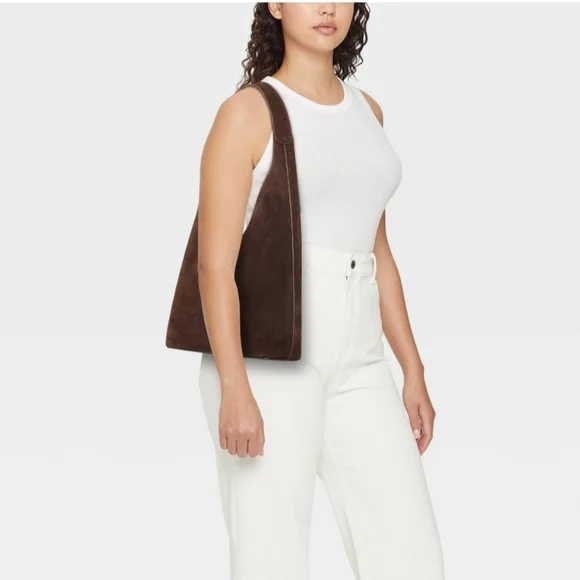 Asymmetrical Brown Suede Shoulder Bag - Picture 2 of 8